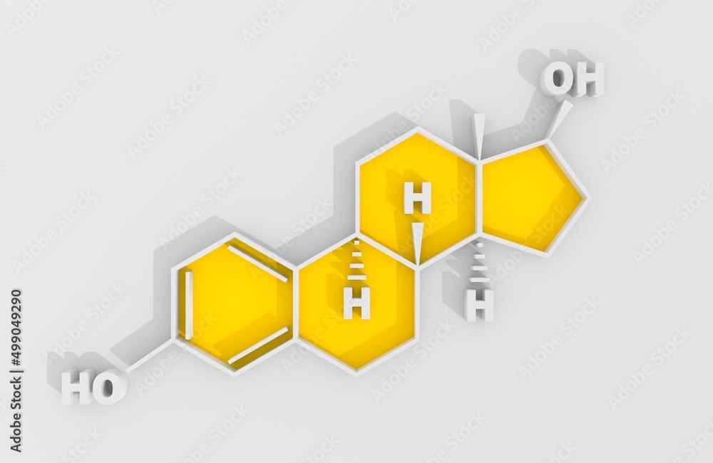 Chemical formula of hormone estrogen or estradiol. 3D render Chemical formula of hormone estrogen or estradiol. 3D render
