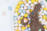 Chocolate bunny with cadbury creme egg on top of candy eggs

