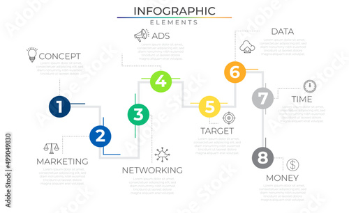 Annual eight steps timeline infographic design vector with icons. Business journey network project template for presentation and report.
