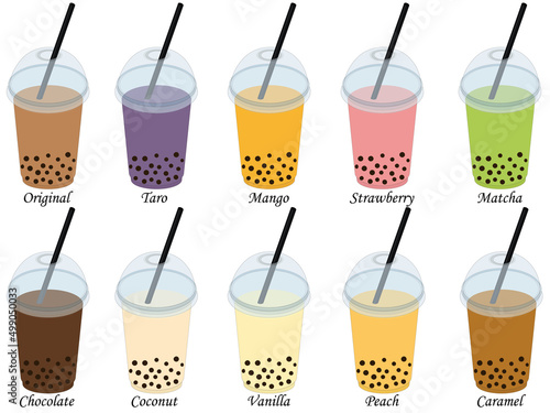 Collection of different tastes and flavors bubble tea in plastic cup vector illustration