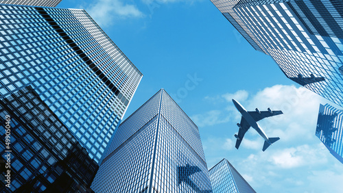 Airplane flying over building at Central Business District.The plane is flying over skyscrapers.3D rendering