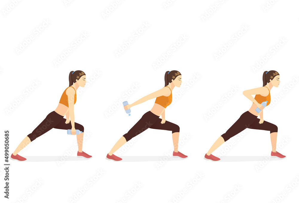 Women use dumbbells from water bottles for exercise with Single Arm Row Tricep Kickback posture in 3 steps. Cartoon illustration about Quick and easy exercise with equipment at home.