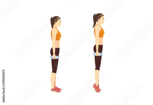 Sport woman use dumbbells from Plastic Water Bottle for exercise with tip toe pose with holding a Bottle in their hands. Quick and easy exercise with equipment at home.