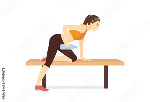 Women substitute a water bottle for Dumbbell. She doing One Arm Dumbbell Over Row Back Exercise on a Bench. How to easy Fitness during a stay at home.