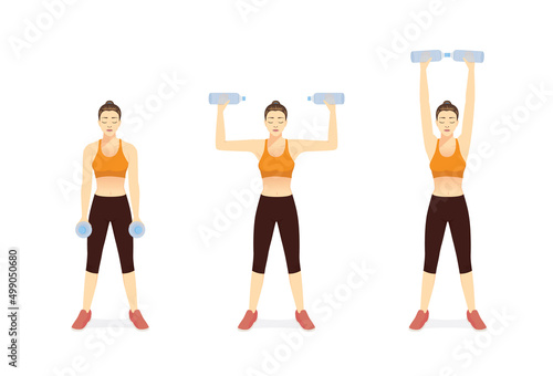 Sport Women using water bottle doing exercise with Biceps Curl to Shoulder Press position. Illustration about quick and easy exercise with equipment at home.