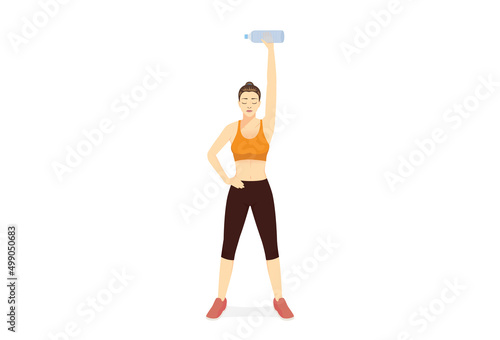 Women in akimbo pose doing Fitness. she substitutes a water bottle for Dumbbell. Exercise training with Single Arm Overhead Press Dumbbell position at home.