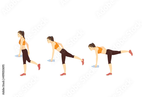 Sport Woman using water bottle for doing Single Leg Deadlift exercise in 3 steps. Quick and easy exercise with equipment at home.