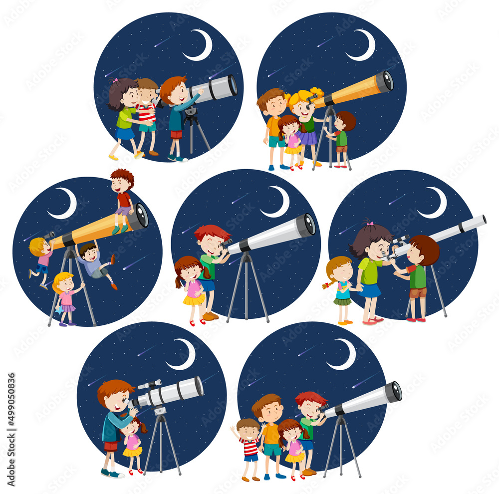 Set of different kids looking through telescope at night Set of different kids looking through telescope at night