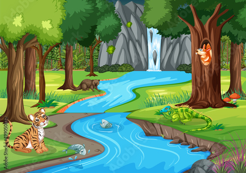 Wild animals cartoon characters in the forest scene