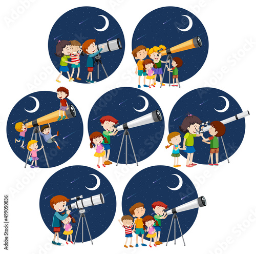 Set of different kids looking through telescope at night