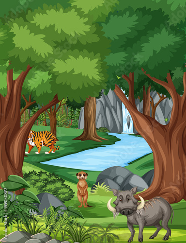 Forest scene with various wild animals