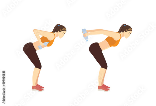 Woman doing exercise with Bent Over Water Bottle Fly. Illustration about Fitness with lightweight equipment.