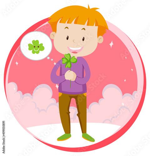 Little boy with clover leaf on white background