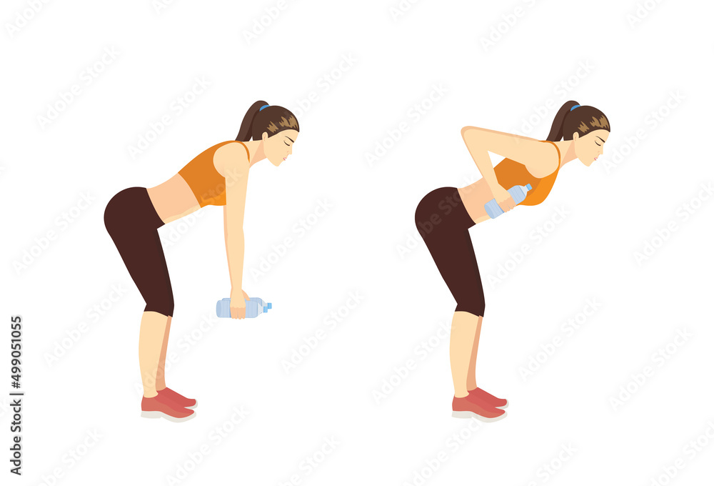 Sport Women doing Fitness with a water bottle by Deadlift Back Row pose in 2 steps. How to Build Muscle with water bottle exercise. Sport Women doing Fitness with a water bottle by Deadlift Back Row pose in 2 steps. How to Build Muscle with water bottle exercise.