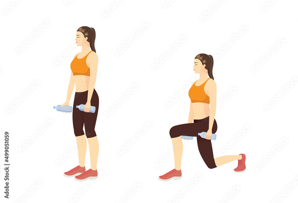 Woman doing exercise in Reverse Lunge pose with water bottle. Illustration about Fitness with lightweight equipment. Woman doing exercise in Reverse Lunge pose with water bottle. Illustration about Fitness with lightweight equipment.