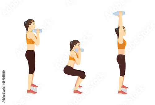 Sport Women doing Fitness with water bottle Squat and Overhead Press Exercise in 3 steps. Diagram of How to easy Fitness training target to Arms muscles.