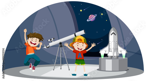 Astronomy theme with two boys and telescope