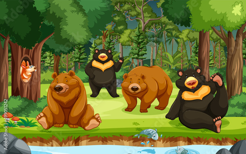 Group of bears in the forest scene