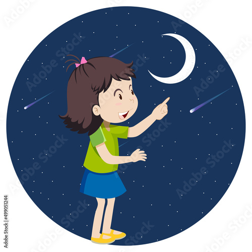 A girl pointing finger to the moon