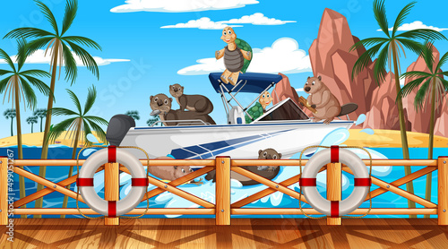 Ocean scene with group of animals on speedboat