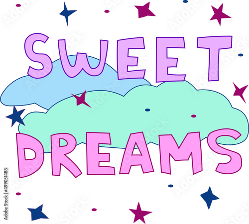 Hand drawn doodle gift card with text sweet dreams, stars and clouds on the white background