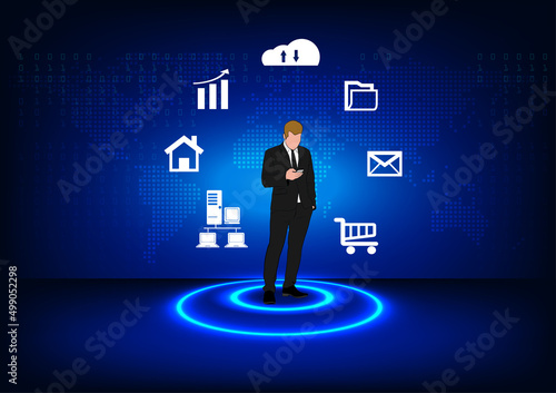 graphics drawing business man hold smartphone use connection communication for cloud computing