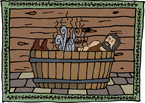 Illustration of medieval bathing in a stylized frame. Medieval, bath, bathroom, funny, ready to use, eps. For your design