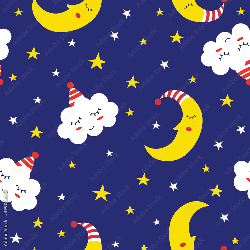 Cute moon, cloud and star seamless pattern 