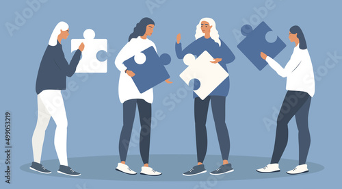 vector illustration in flat style on the theme of teamwork. women carry puzzle pieces. friendly staff, close-knit work. illustration for web, magazines, apps