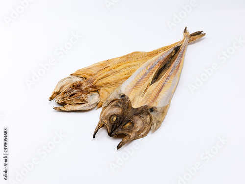 dried pollack on white background photo