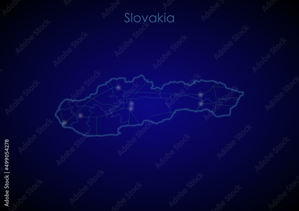 Fototapeta premium Slovakia concept map with glowing cities and network covering the country, map of Slovakia suitable for technology or innovation or internet concepts.