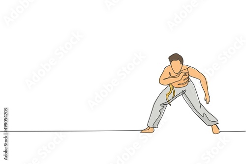 One single line drawing of young energetic man capoeira dancer perform dancing fight vector graphic illustration. Traditional martial art lifestyle sport concept. Modern continuous line draw design