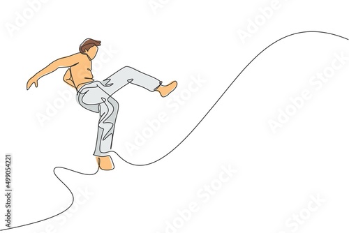 One single line drawing of young energetic man capoeira dancer perform jump dancing fight vector illustration. Traditional martial art lifestyle sport concept. Modern continuous line draw design