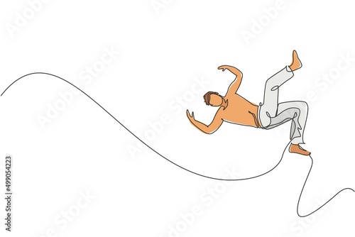 Single continuous line drawing of young sportive man practice Brazilian capoeira move dance at outdoor street. Culture martial art and sport concept. Trendy one line draw design vector illustration