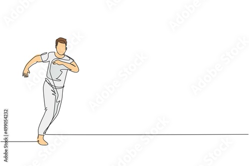 Single continuous line drawing of young sportive man practice Brazilian capoeira move dance at outdoor street. Culture martial art and sport concept. Trendy one line draw design vector illustration