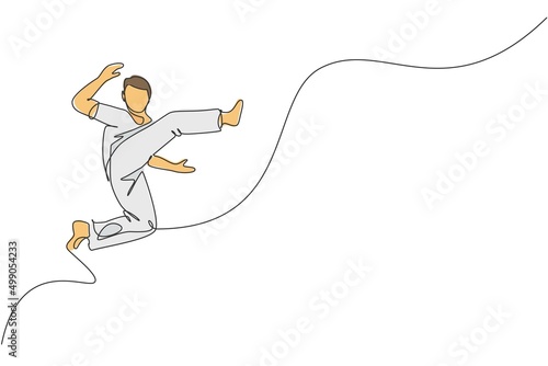 One single line drawing of young energetic man capoeira dancer perform dancing fight vector graphic illustration. Traditional martial art lifestyle sport concept. Modern continuous line draw design