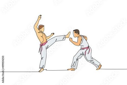 One single line drawing of two young energetic man capoeira dancers perform dancing fight vector illustration. Traditional martial art lifestyle sport concept. Modern continuous line draw design