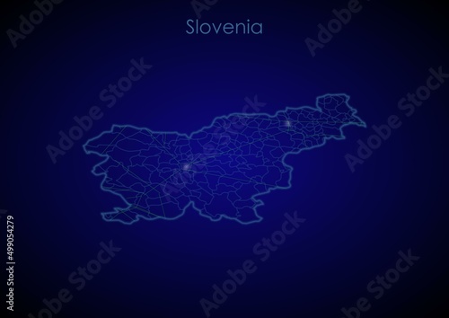 Slovenia concept map with glowing cities and network covering the country, map of Slovenia suitable for technology or innovation or internet concepts.