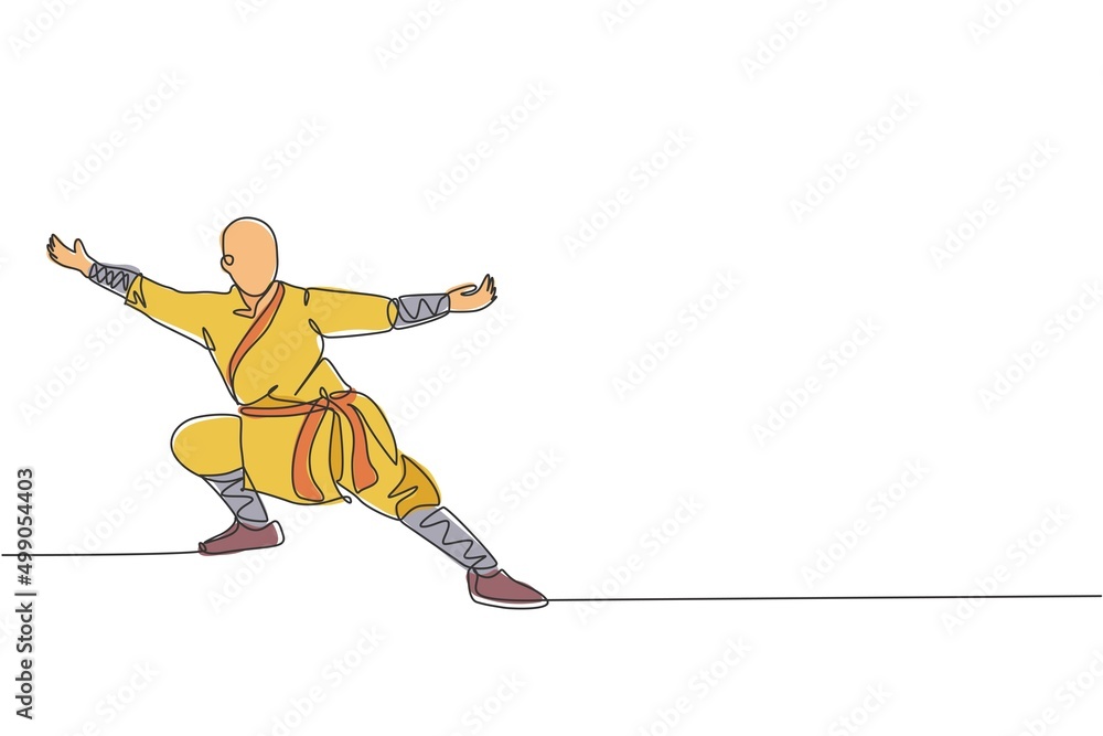 One continuous line drawing of young shaolin monk man practice kung fu style at temple ground . Traditional Chinese combative sport concept. Dynamic single line draw design vector graphic illustration One continuous line drawing of young shaolin monk man practice kung fu style at temple ground . Traditional Chinese combative sport concept. Dynamic single line draw design vector graphic illustration