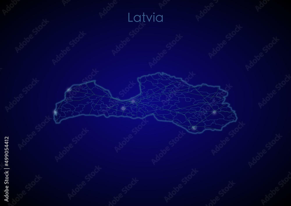 Latvia concept map with glowing cities and network covering the country, map of Latvia suitable for technology or innovation or internet concepts.