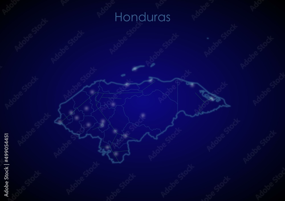 Honduras concept map with glowing cities and network covering the country, map of Honduras suitable for technology or innovation or internet concepts.