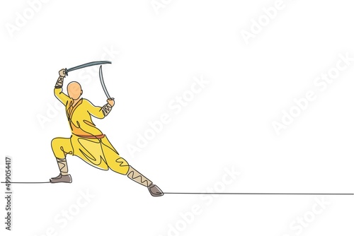 One continuous line drawing of young shaolin monk man practice kung fu with swords at temple ground . Traditional Chinese combative sport concept. Dynamic single line draw design vector illustration
