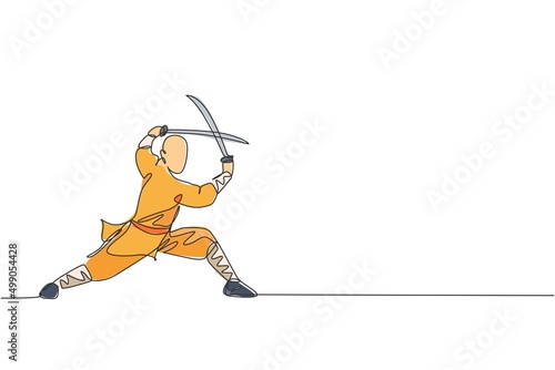 Single continuous line drawing of young muscular shaolin monk man holding sword train at shaolin temple. Traditional Chinese kung fu fight concept. Trendy one line draw design vector illustration