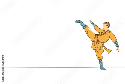 One single line drawing young energetic shaolin monk man exercise kung fu fighting at temple vector illustration graphic. Ancient Chinese martial art sport concept. Modern continuous line draw design
