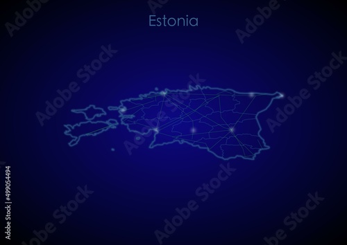 Estonia concept map with glowing cities and network covering the country  map of Estonia suitable for technology or innovation or internet concepts.