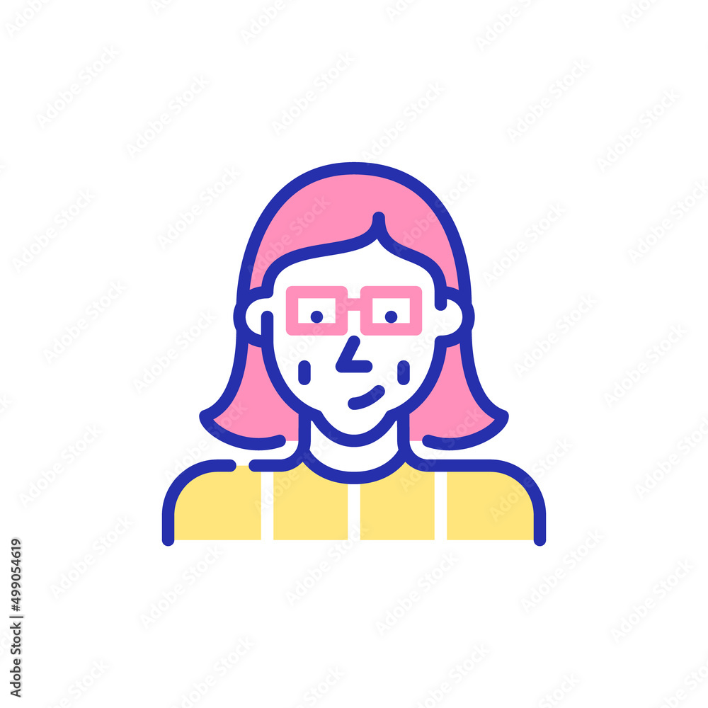 Nice smiling old lady in glasses. Pixel perfect, editable stroke fun color icon Nice smiling old lady in glasses. Pixel perfect, editable stroke fun color icon