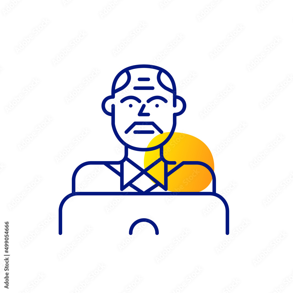 Middle-aged man working at a laptop. Pixel perfect, editable stroke fun line art icon Middle-aged man working at a laptop. Pixel perfect, editable stroke fun line art icon