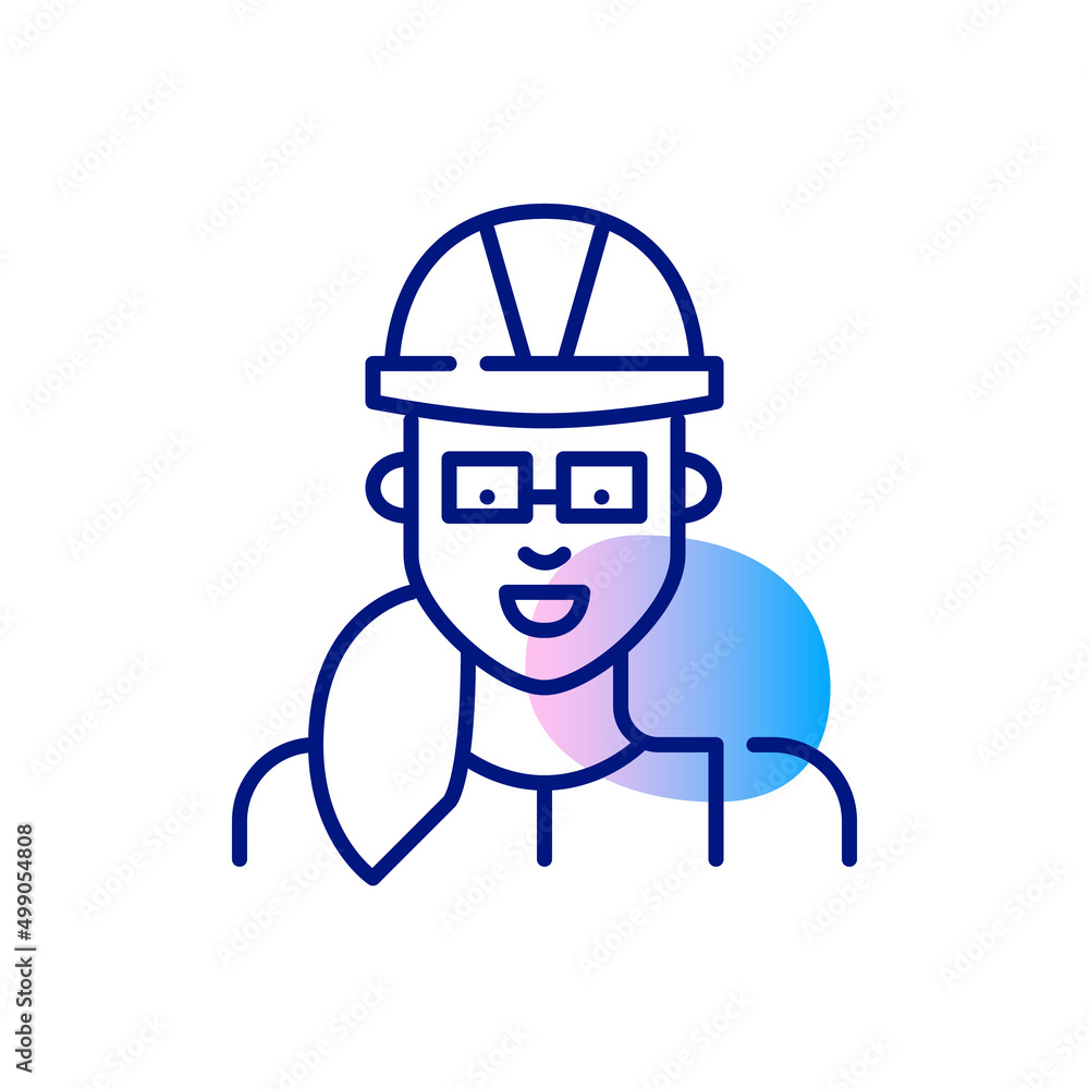 Female construction engineer or manager. Woman wearing a hard hat and glasses. Pixel perfect, editable stroke line art color icon