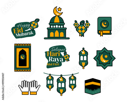 Happy eid mubarak premium icon shape. Ka'ba, qur'an, hand pray, lantern. Selamat idul fitri. Isolated vector illustration.