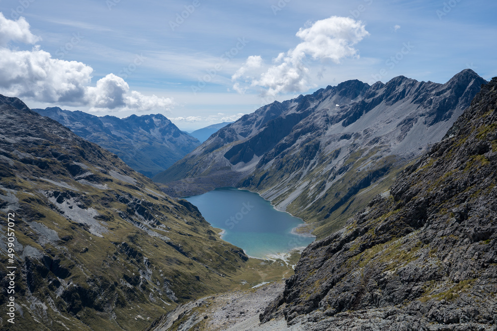 New Zealand landscape with mountains and lake